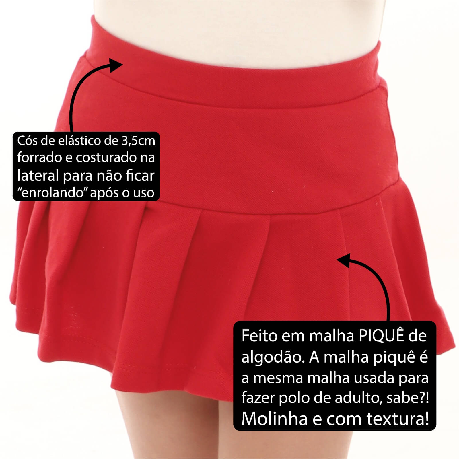 Saia Short Infantil Pregas Piquê Lisa Vermelha - Imagem 3