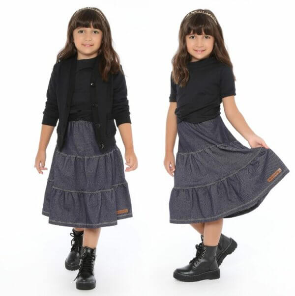 Saia Midi Infantil Três Marias Fake Jeans Azul Marinho - Imagem 4