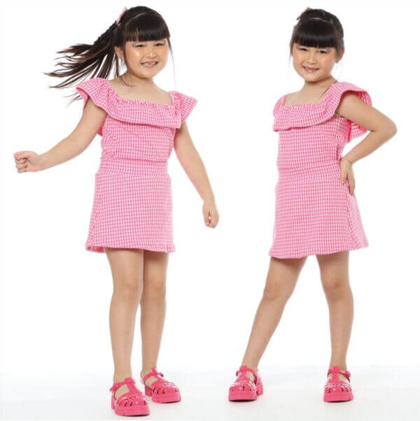 Conjunto Infantil Jacquard Saia Short e Ciganinha Xadrez Rosa - Image 5
