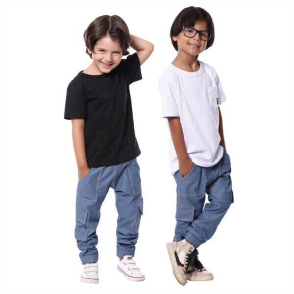 Calça Malha Jeans Infantil Cargo com Bolsos Azul Jeans