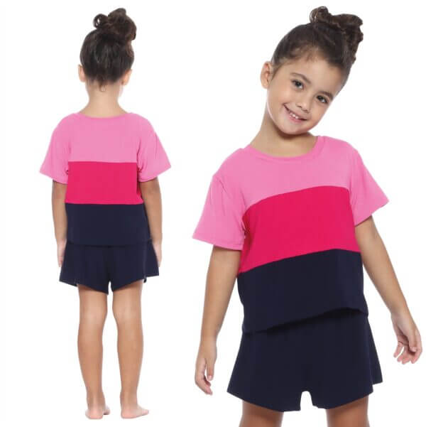 Pijama Infantil Curto Malha Premium com Elastano Tricolor Azul Marinho - Imagem 2