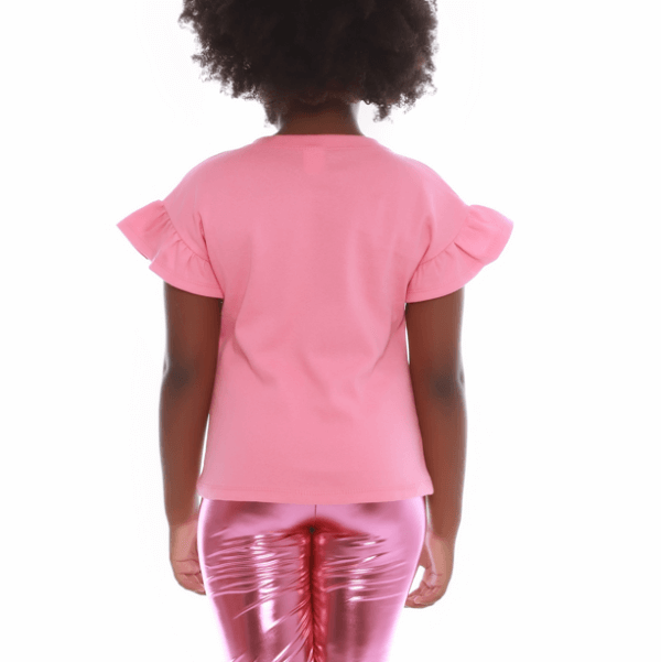 Blusinha Básica Canelada Algodão Manga Babados Rosa Chiclete - Imagem 3