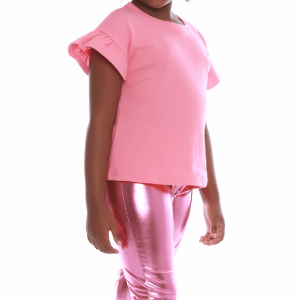 Blusinha Básica Canelada Algodão Manga Babados Rosa Chiclete - Imagem 2
