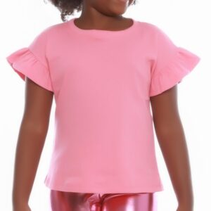 Blusinha Básica Canelada Algodão Manga Babados Rosa Chiclete