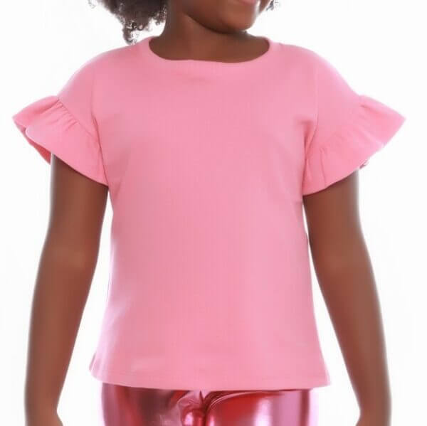 Blusinha Básica Canelada Algodão Manga Babados Rosa Chiclete