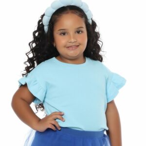 Blusinha Básica Canelada Algodão Manga Babados Azul Bebê