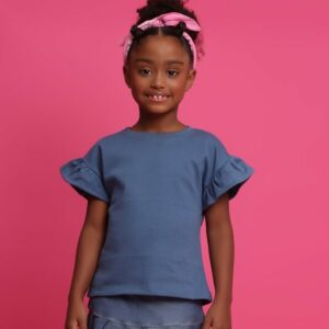 Blusinha Básica Canelada Algodão Manga Babados Azul Índigo