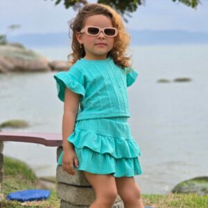 CONJUNTO INFANTIL SAIA SHORT E CROPPED ANARRUGA VERDE ÁGUA