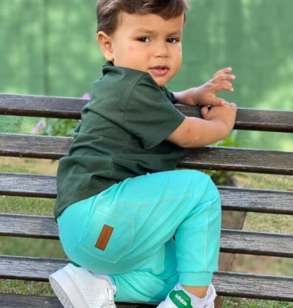 Calça Infantil Sarouel Jeans Fake Unissex  Verde Água