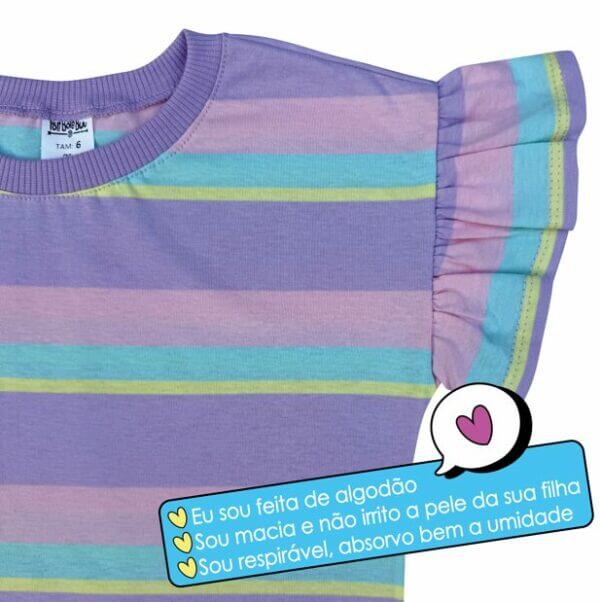 BLUSA INFANTIL ALGODÃO MANGA  BABADOS LISTRADA LILÁS - Imagem 2