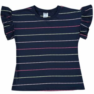 BLUSA INFANTIL ALGODÃO MANGA  BABADOS LISTRADA AZUL MARINHO