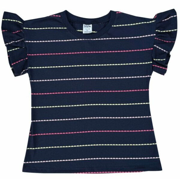 BLUSA INFANTIL ALGODÃO MANGA  BABADOS LISTRADA AZUL MARINHO