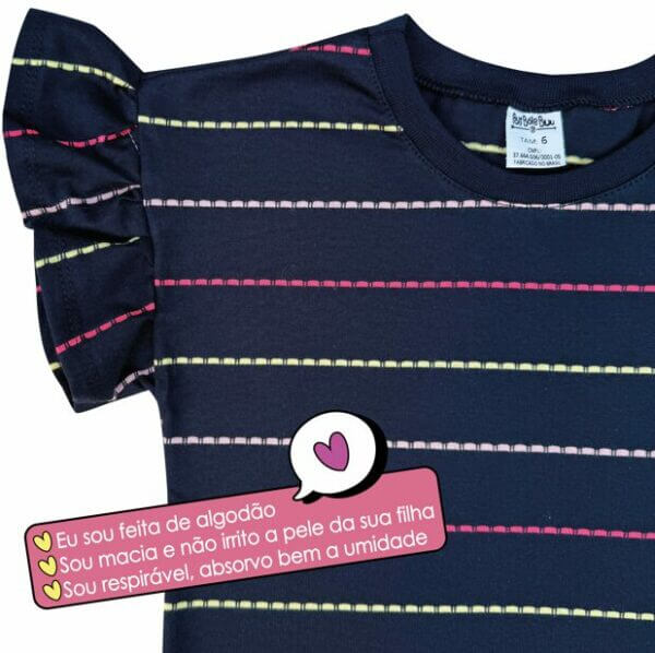 BLUSA INFANTIL ALGODÃO MANGA  BABADOS LISTRADA AZUL MARINHO - Imagem 2