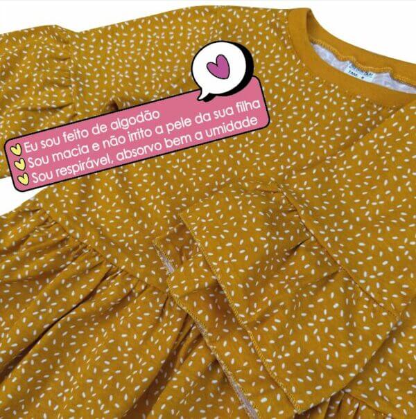 VESTIDO INFANTIL 100% ALGODÃO MANGA DUPLA GRANULADO AMARELO MOSTARDA - Imagem 2