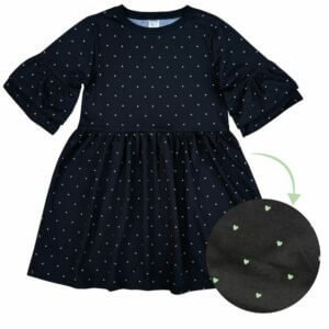VESTIDO INFANTIL 100% ALGODÃO MANGA DUPLA PRETO MINI CORAÇÕES VERDES