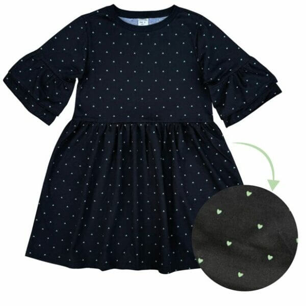 VESTIDO INFANTIL 100% ALGODÃO MANGA DUPLA PRETO MINI CORAÇÕES VERDES