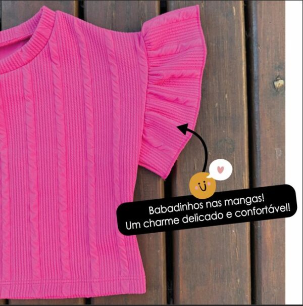 BLUSA CROPPED INFANTIL JUVENIL ANARRUGA  MANGA BABADOS ROSA PINK - Imagem 2