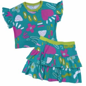 CONJUNTO INFANTIL VERÃO ALGODÃO SAIA SHORT E CROPPED VERDE