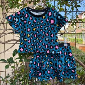 CONJUNTO INFANTIL VERÃO ALGODÃO SAIA SHORT E CROPPED ONCINHA