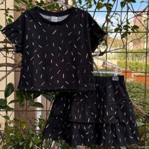 CONJUNTO INFANTIL VERÃO ALGODÃO SAIA SHORT E CROPPED PRETO