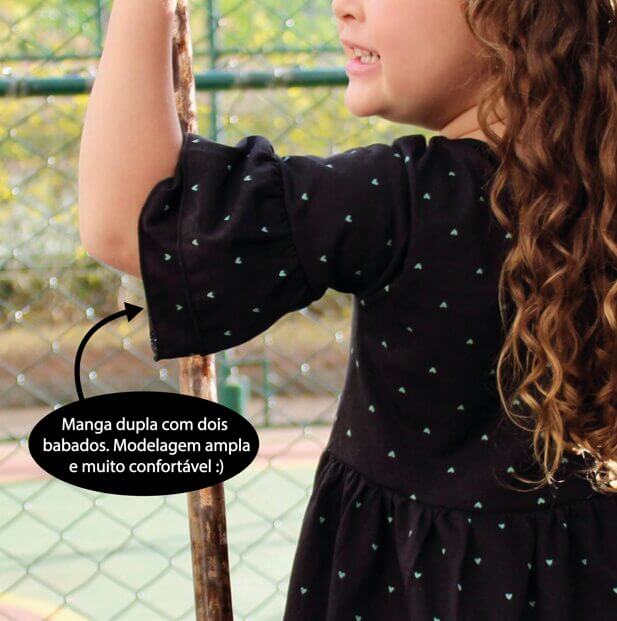 VESTIDO INFANTIL 100% ALGODÃO MANGA DUPLA PRETO CORAÇÕES - Imagem 3