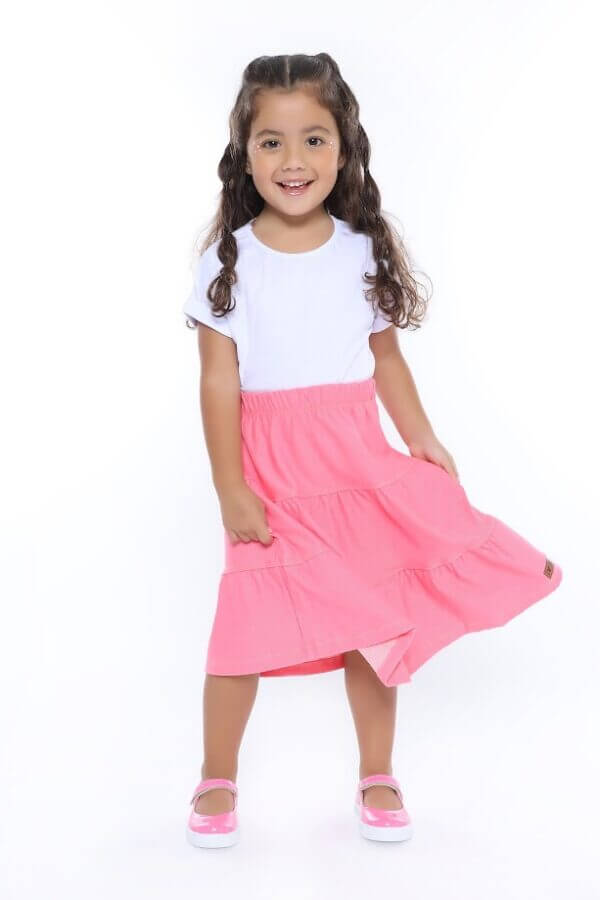 Saia Midi Infantil Três Marias Fake Jeans Rosa Chiclete