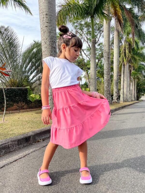 Saia Midi Infantil Três Marias Fake Jeans Rosa Chiclete - Imagem 3