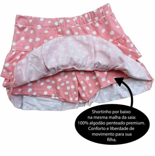 SAIA SHORT BABADO ALGODÃO INFANTIL  JUVENIL PINGOS CORAL - Imagem 2