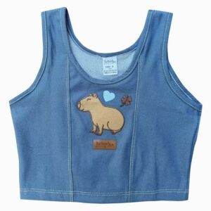 BLUSA INFANTIL CAPIVARA REGATA MALHA JEANS APLIQUE BORDADO