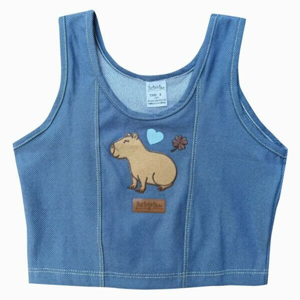 BLUSA INFANTIL CAPIVARA REGATA MALHA JEANS APLIQUE BORDADO