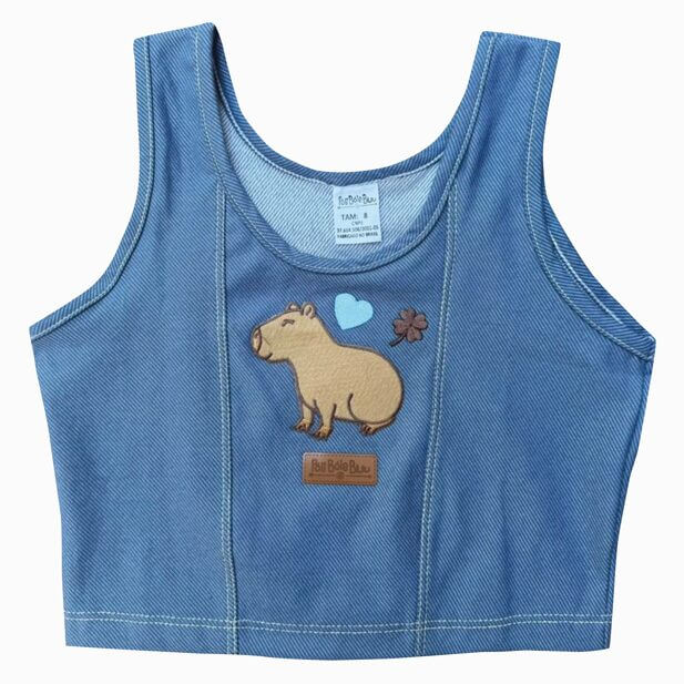 BLUSA INFANTIL CAPIVARA REGATA MALHA JEANS APLIQUE BORDADO