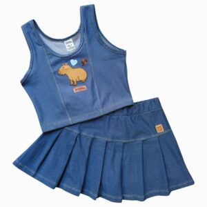 CONJUNTO INFANTIL CAPIVARA MALHA JEANS SAIA SHORT E REGATA