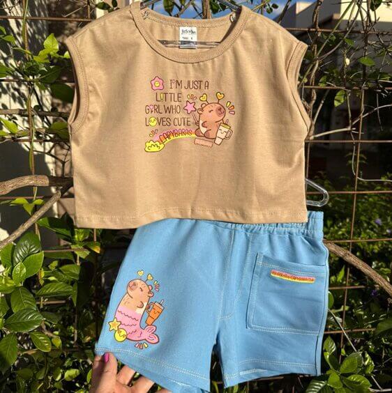 CONJUNTO CAPIVARA INFANTIL SHORT CROPPED ALGODÃO CAPPUCCINO - Imagem 2