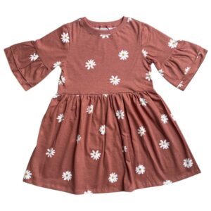 VESTIDO INFANTIL  ALGODÃO MANGA DUPLA TERRACOTA MARGARIDAS