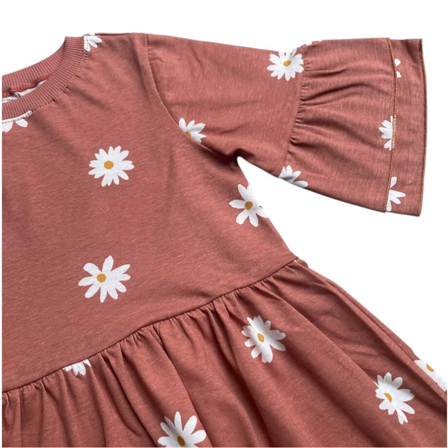 VESTIDO INFANTIL  ALGODÃO MANGA DUPLA TERRACOTA MARGARIDAS - Imagem 2