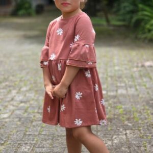 VESTIDO INFANTIL  ALGODÃO MANGA DUPLA TERRACOTA MARGARIDAS