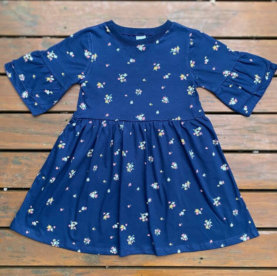 VESTIDO INFANTIL ALGODÃO PREMIUM MANGA DUPLA AZUL MARINHO FLORAL