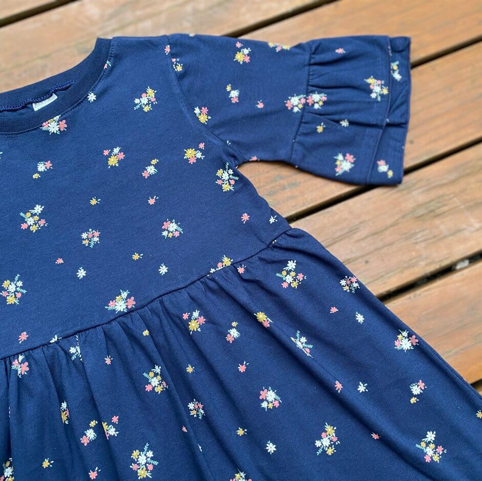 VESTIDO INFANTIL ALGODÃO PREMIUM MANGA DUPLA AZUL MARINHO FLORAL - Imagem 2