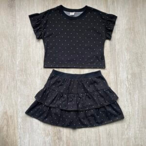 CONJUNTO INFANTIL ALGODÃO SAIA SHORT CROPPED PRETO CORAÇÕES